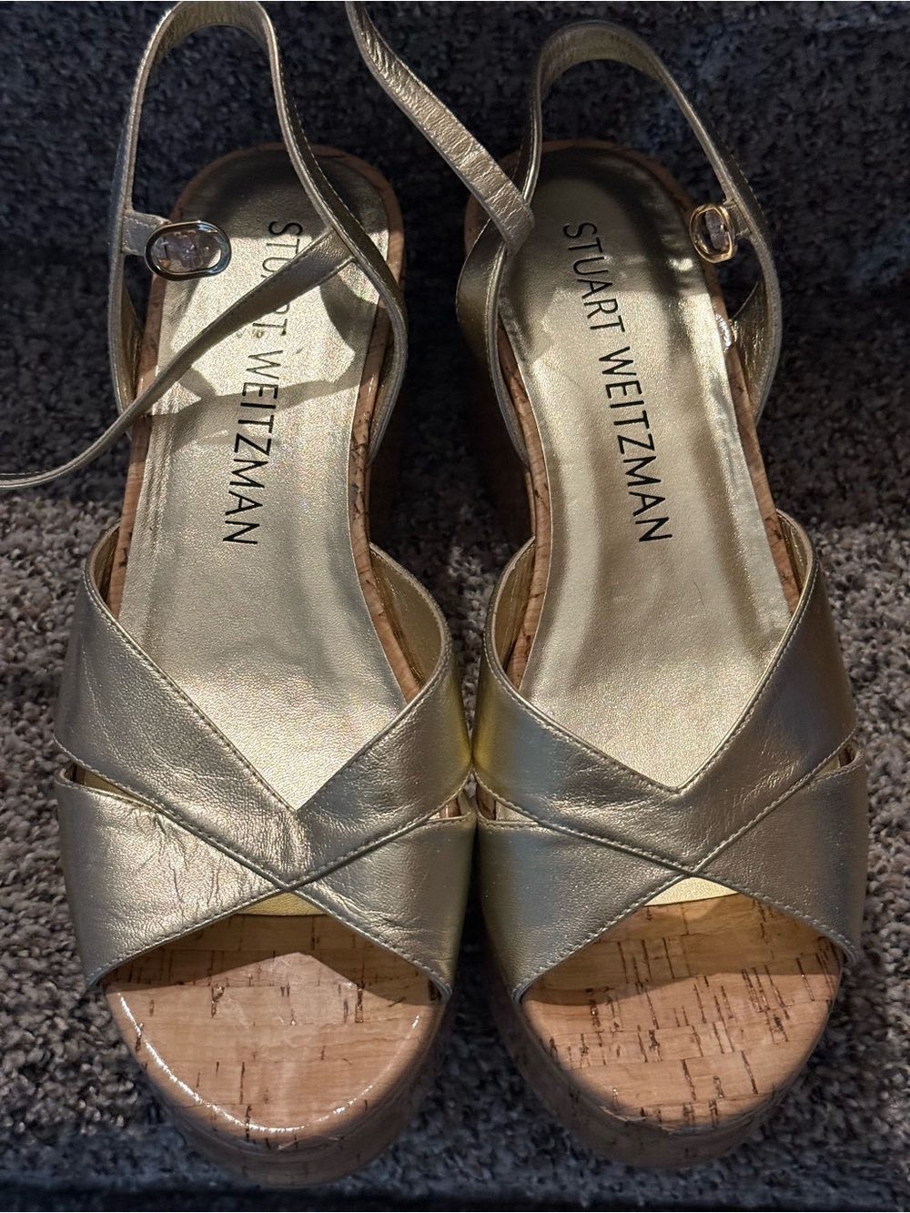 Stuart Weitzman Metallic Gold Cork Platform Wedge Sandals